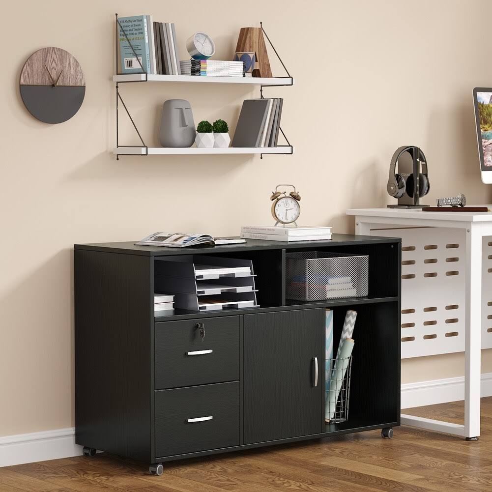 Black 2 Drawer Mobile Lateral File Cabinet with Storage Shelf Z94138