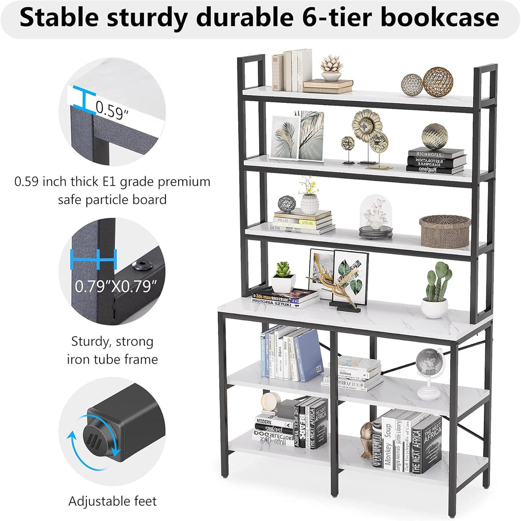 6-Tier Open Tall Bookcase with Iron Tube Frame (White) E1376