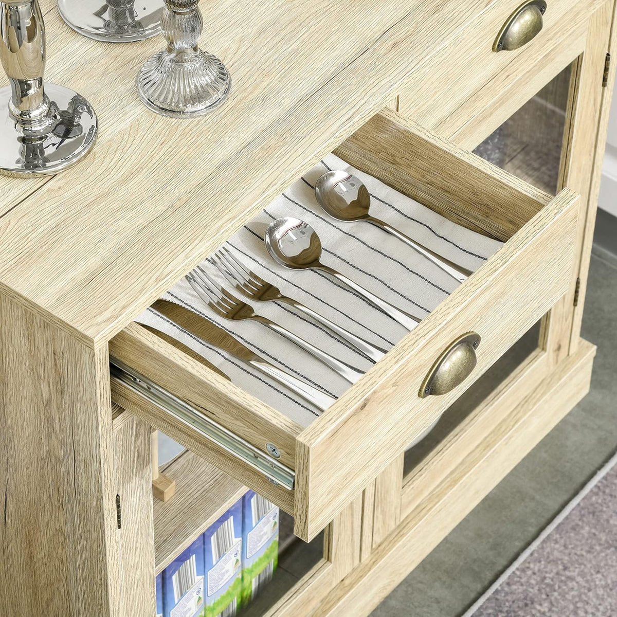 Rustic Oak Sideboard Storage Cabinet with 2 Glass Doors and 2 Drawers O86163