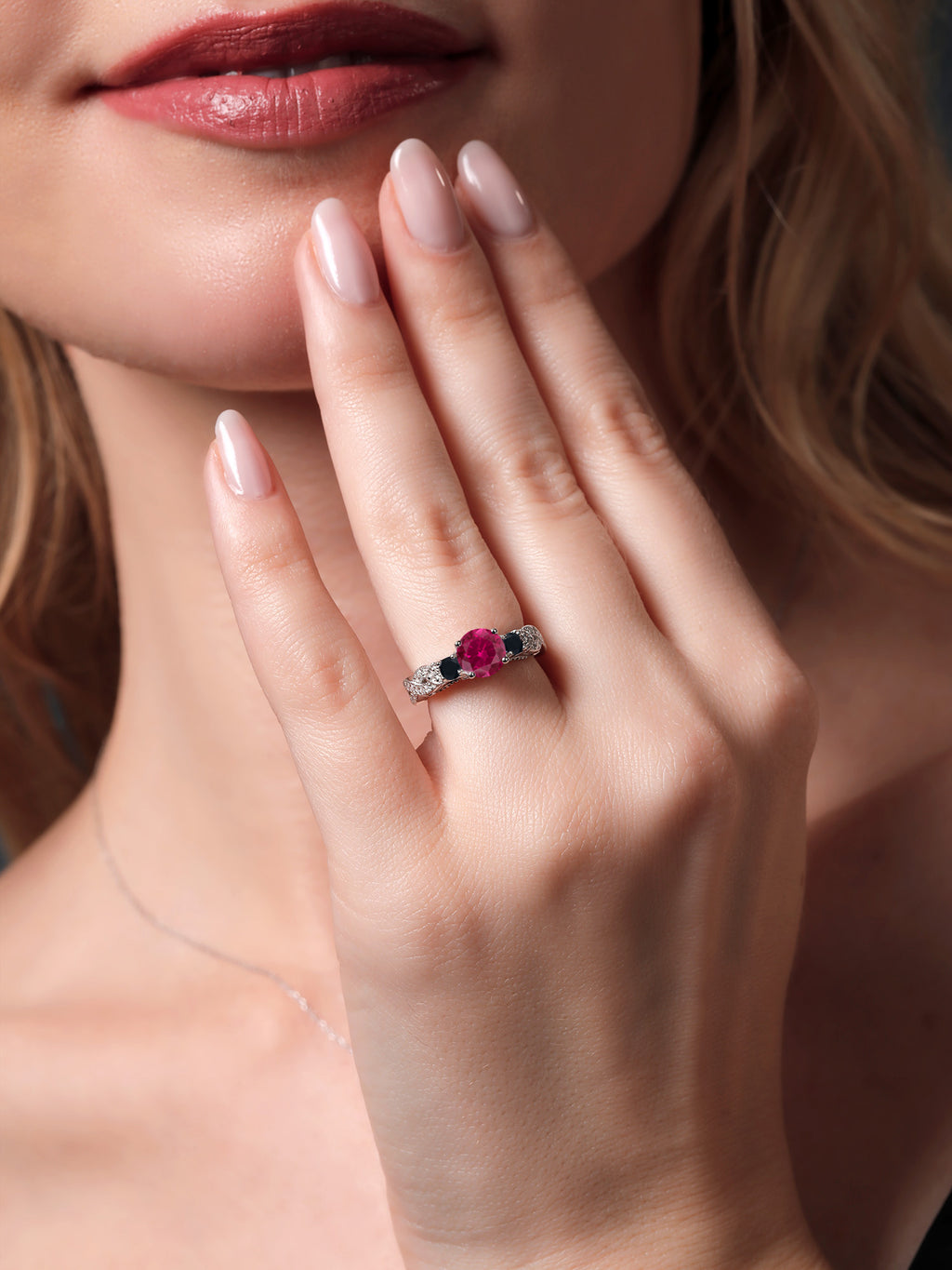 925 Sterling Silver Red Created Ruby Black Onyx White Moissanite Engagement Ring Y674686