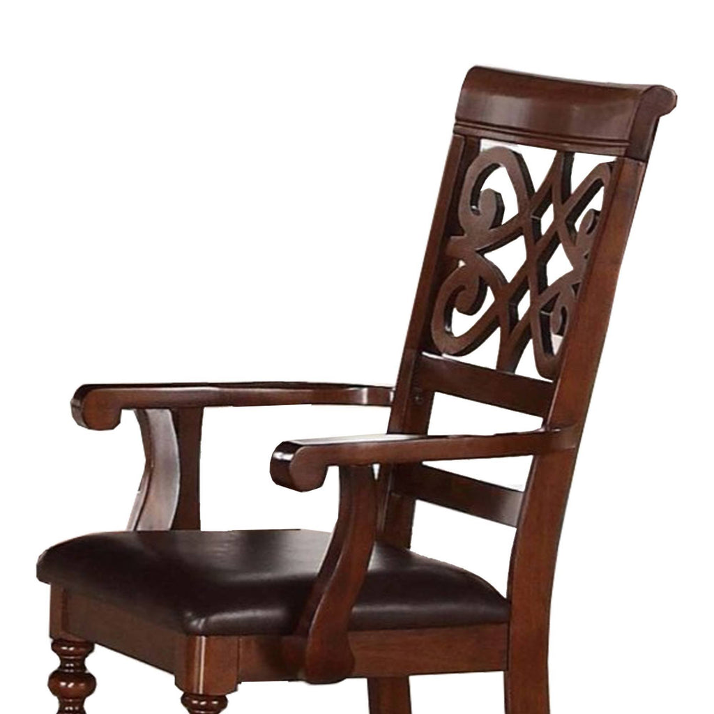Cherry Brown Wooden Arm Chair with Leatherette Seat, Set of 2 X722567