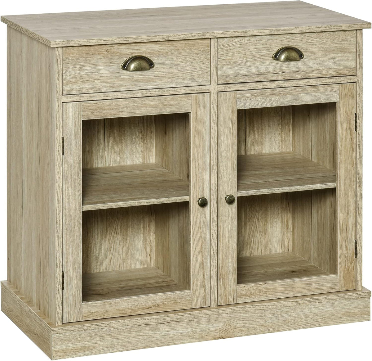 Rustic Oak Sideboard Storage Cabinet with 2 Glass Doors and 2 Drawers O86163