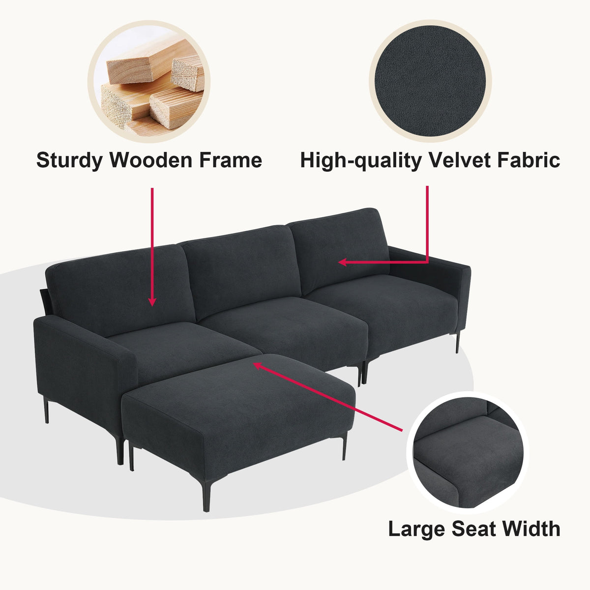 Modern L-Shaped Sectional Sofa with Convertible Ottoman Y765