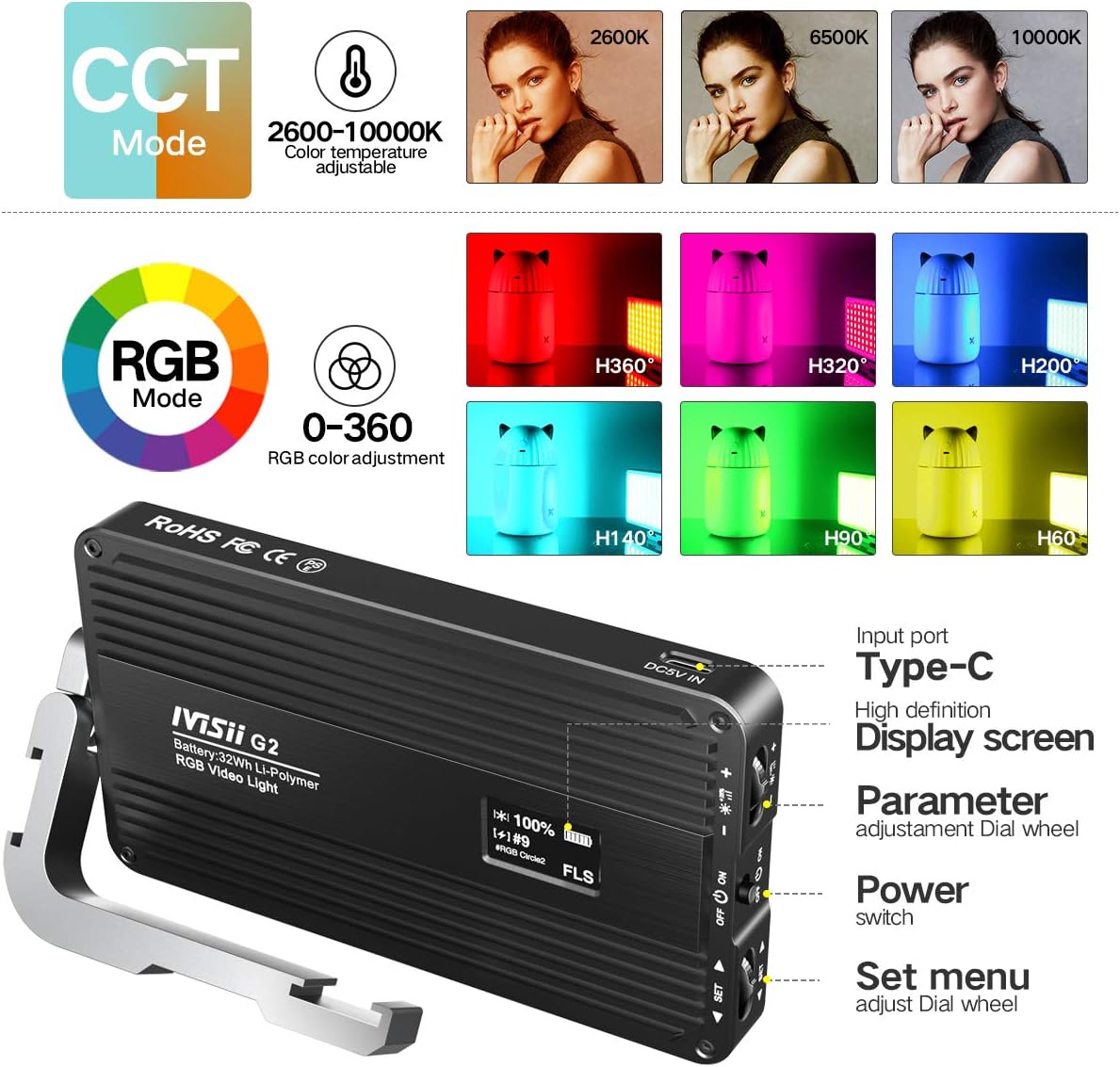 Portable On Camera Light, 2600-10000K 12W Full Color LED Light Panel K236