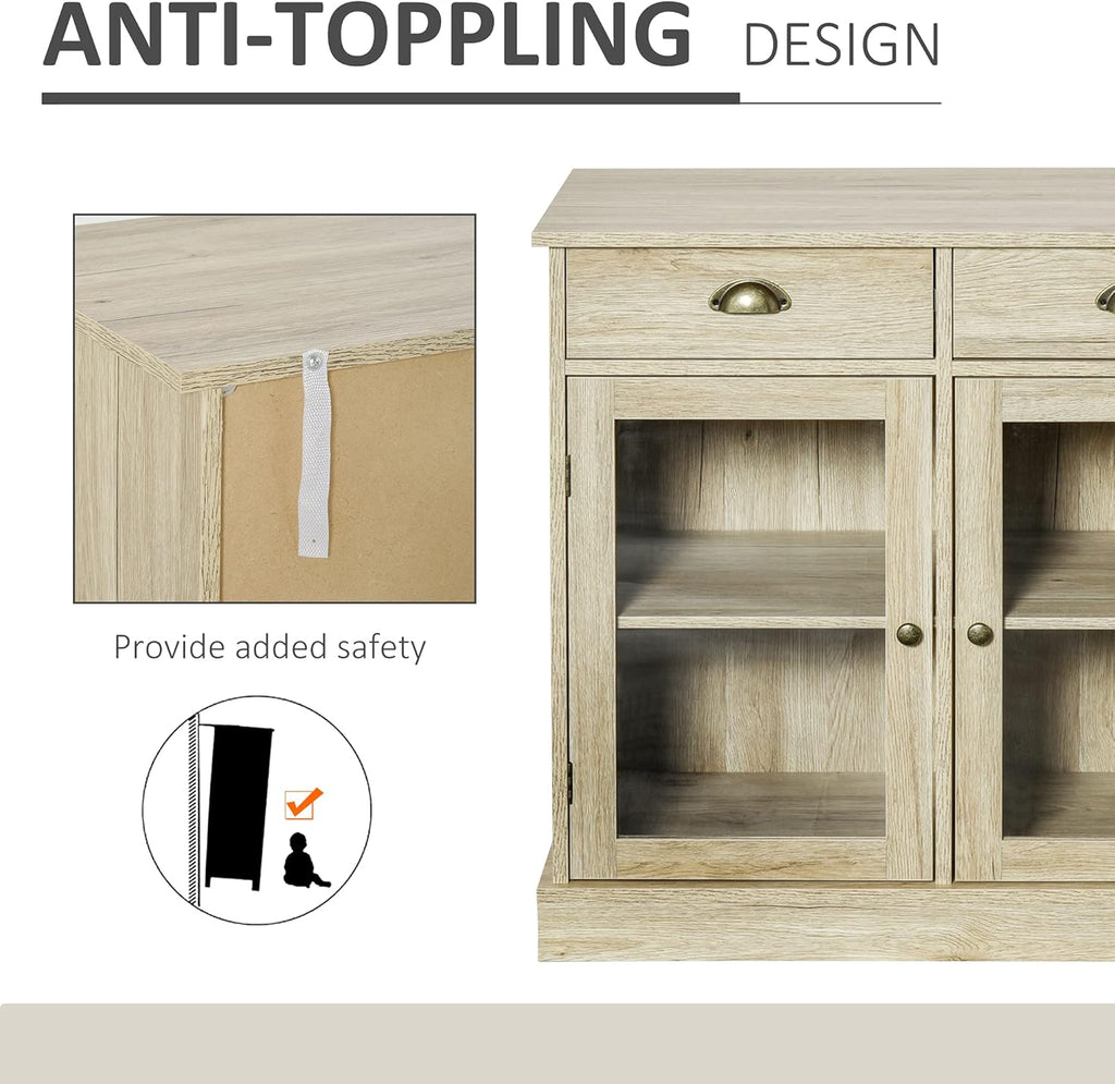 Rustic Oak Sideboard Storage Cabinet with 2 Glass Doors and 2 Drawers O86163
