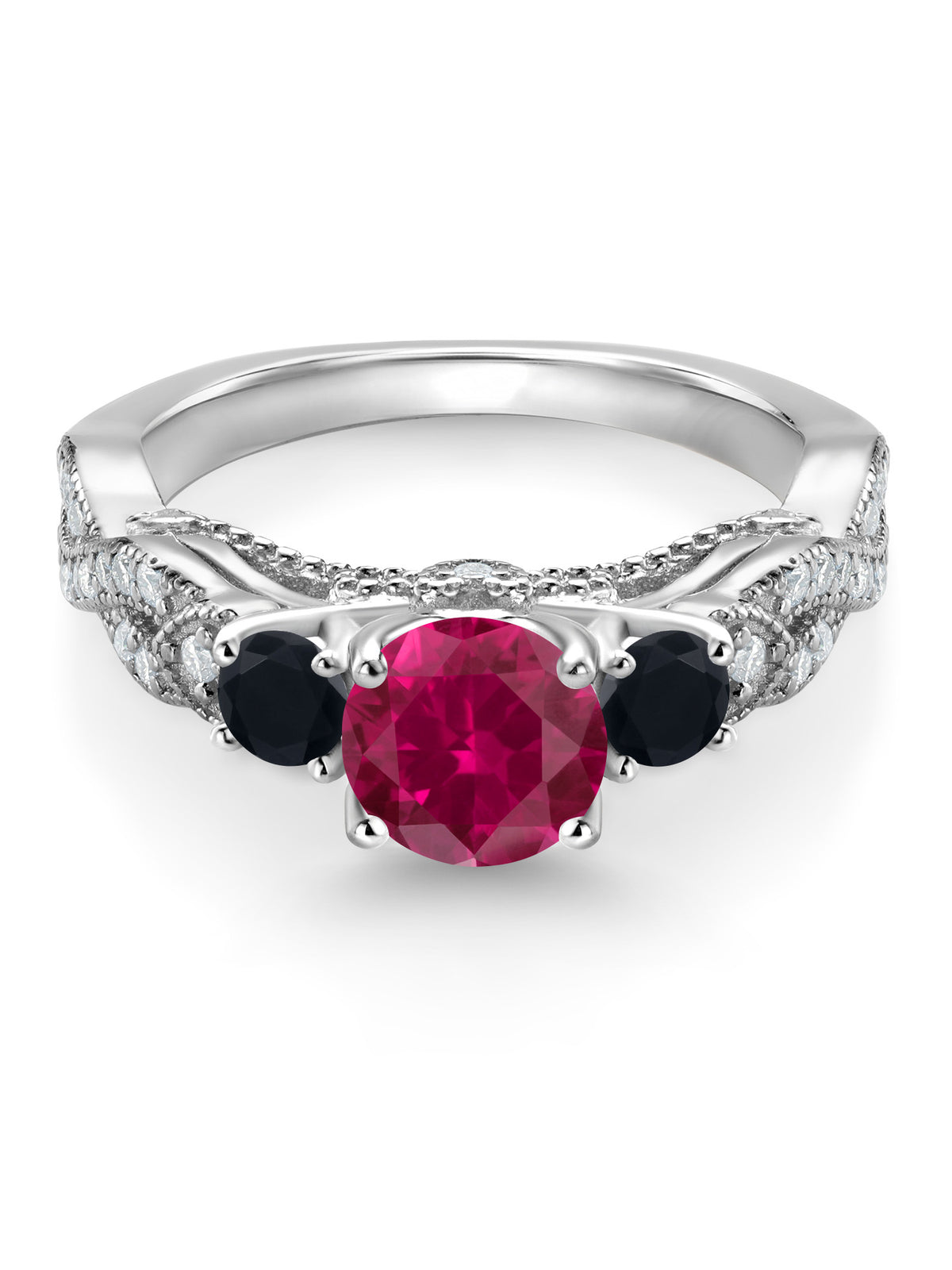925 Sterling Silver Red Created Ruby Black Onyx White Moissanite Engagement Ring Y674686