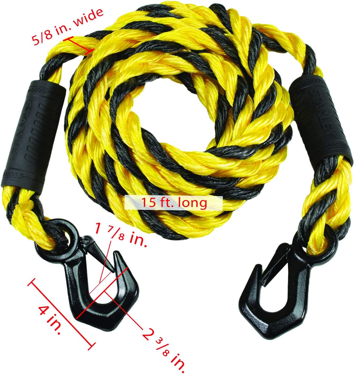Black/Yellow 5/8" x 15' Poly-Blend Braided Tow Rope with Heavy Duty Tri-Hook N4823
