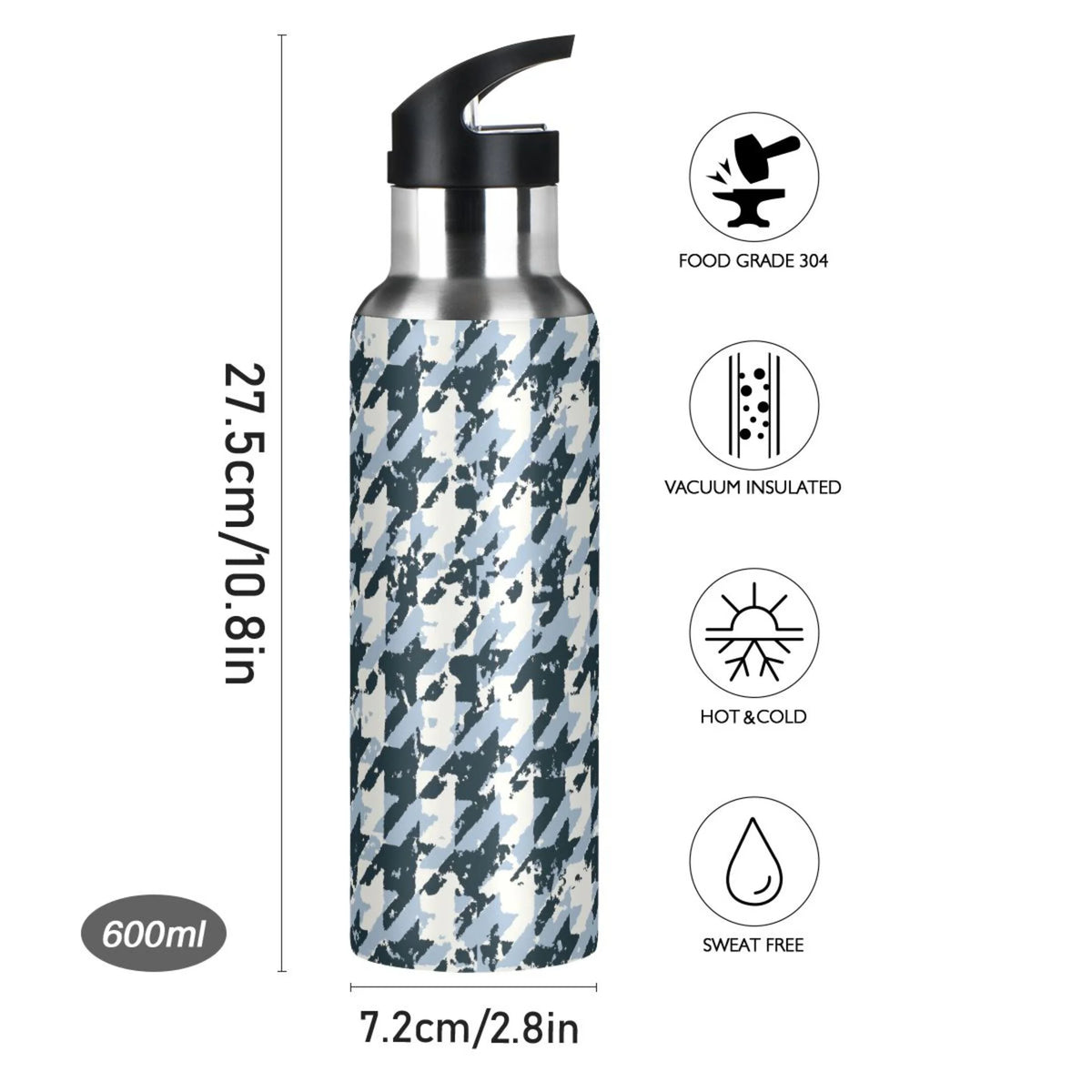 Blue Black Houndstooth Stainless Steel Insulated Water Bottle B89688