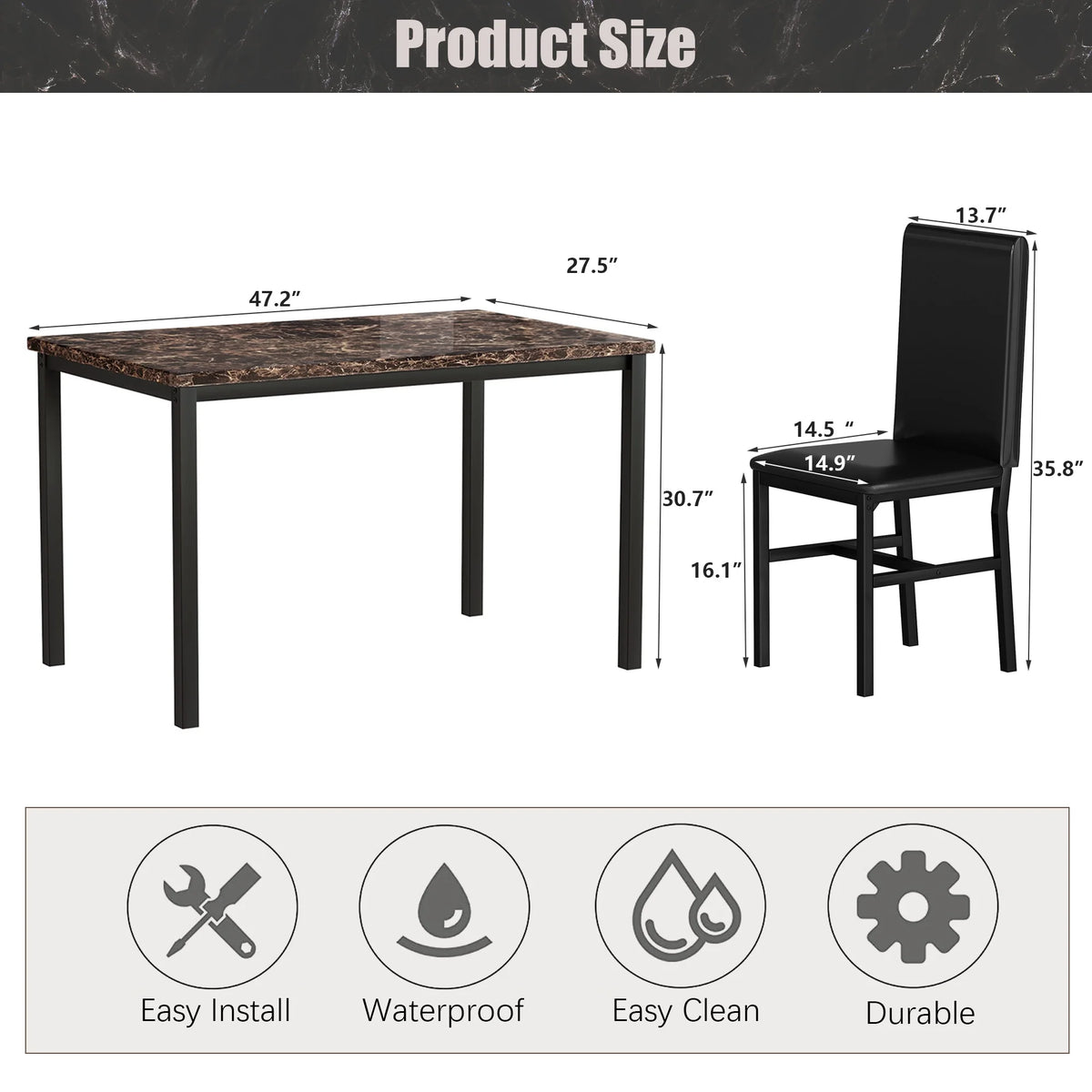 5 Piece Faux Marble Rectangular Dining Table Set with 4 Upholstered Metal Chairs W9041