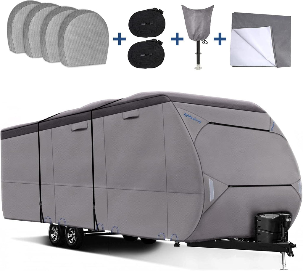 Upgraded Waterproof 500D Travel Trailer Cover with 4 Tire Covers, Tongue Jack Cover D55170