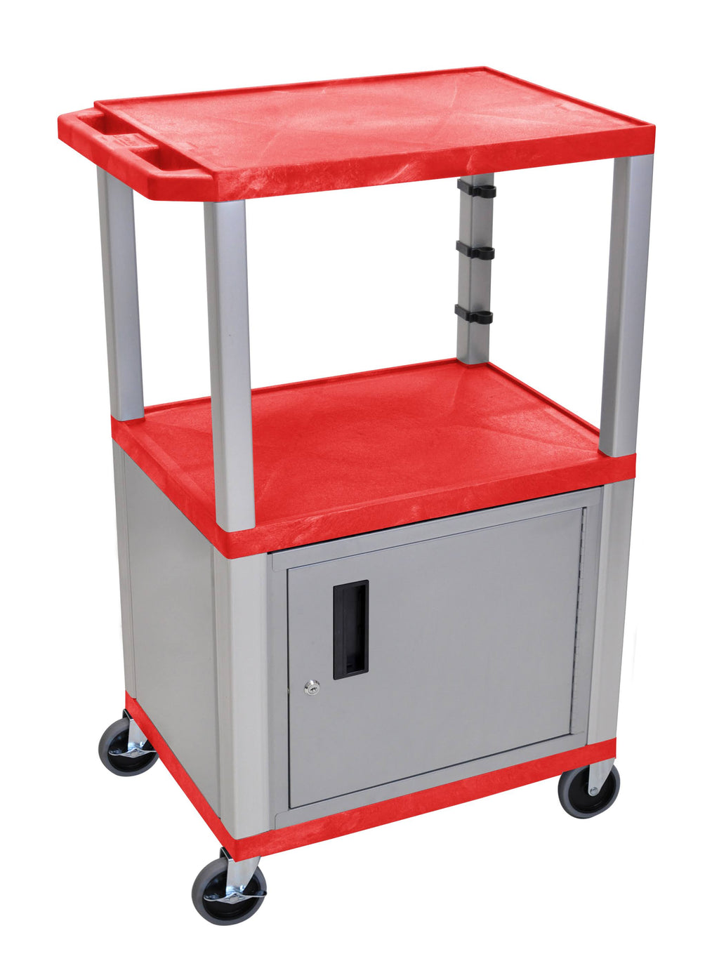 Red 42 inch A/V Cart with 3 Shelves, Cabinet - Nickel Legs E5429