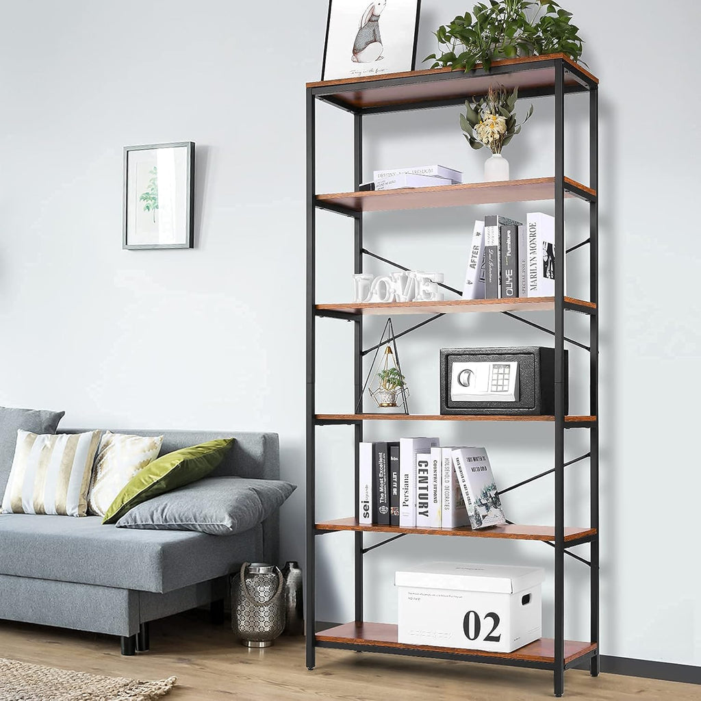 6 Tier Tall Bookcase with Anti-tip Kit Black Metal Frame D407609