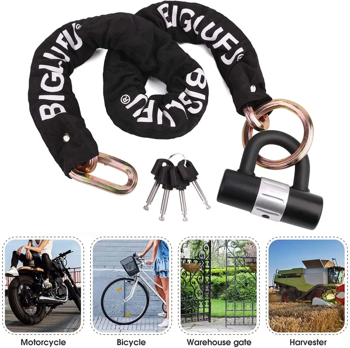 Heavy Duty 4ft Long Cut Proof 0.5 inch Thick Square Chains with 4 Keys 12mm U Lock A916725