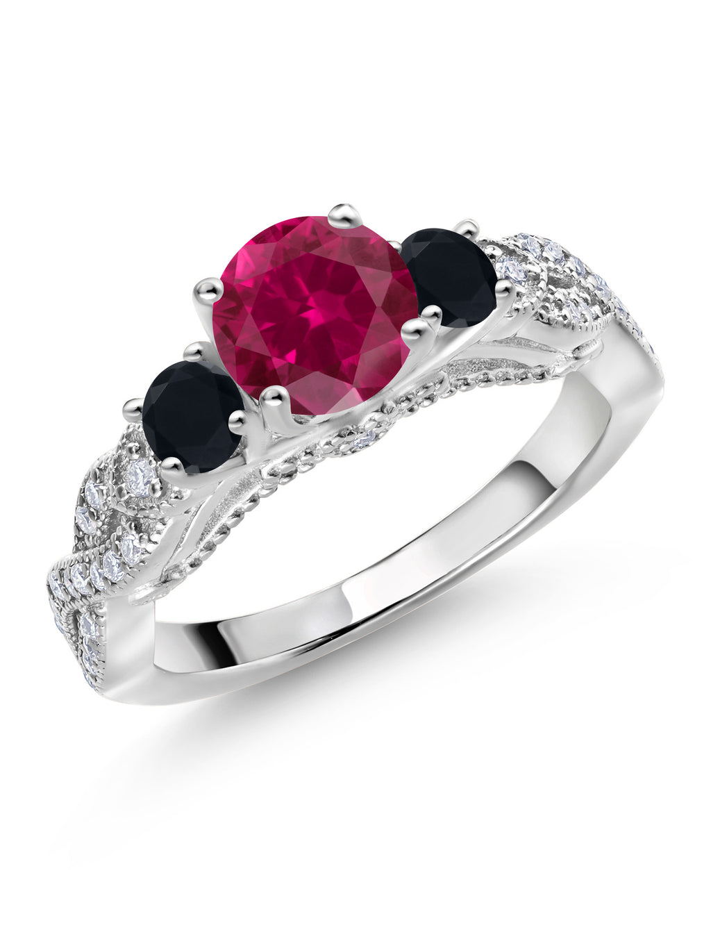 925 Sterling Silver Red Created Ruby Black Onyx White Moissanite Engagement Ring Y674686