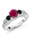 925 Sterling Silver Red Created Ruby Black Onyx White Moissanite Engagement Ring Y674686
