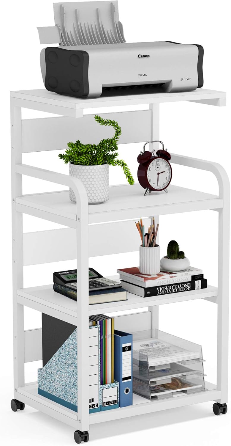 White 4-Shelf Mobile Printer Stand with Storage Shelves on Wheels F179144