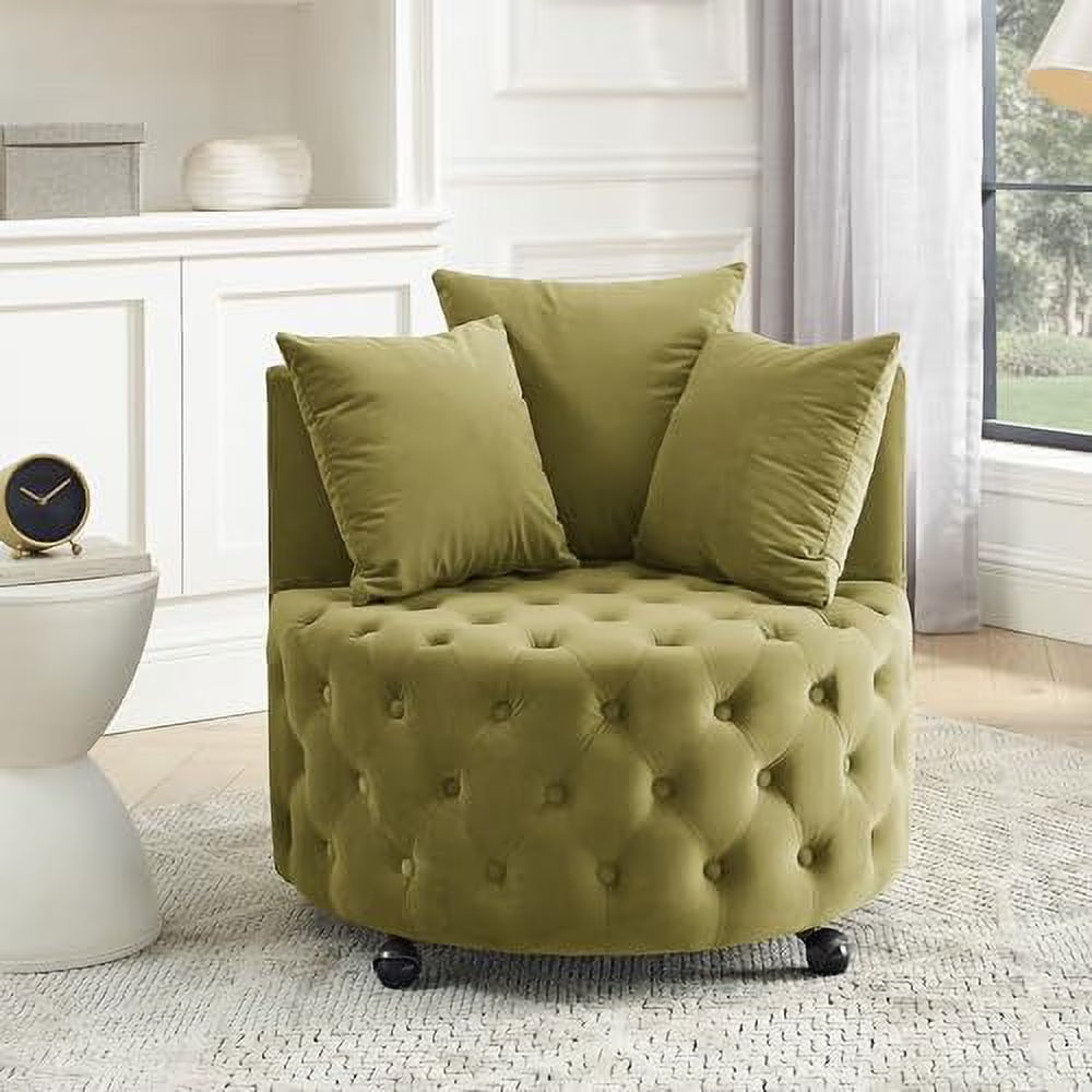 Pink Velvet Swivel Barrel Chair with 3 Pillows and Wheels Q146