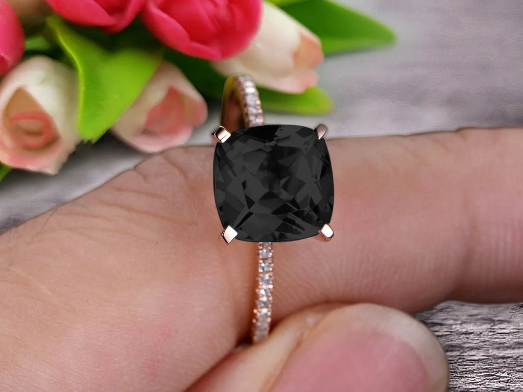 Art Deco Cushion Cut Black Diamond Moissanite Wedding Engagement Ring M7586