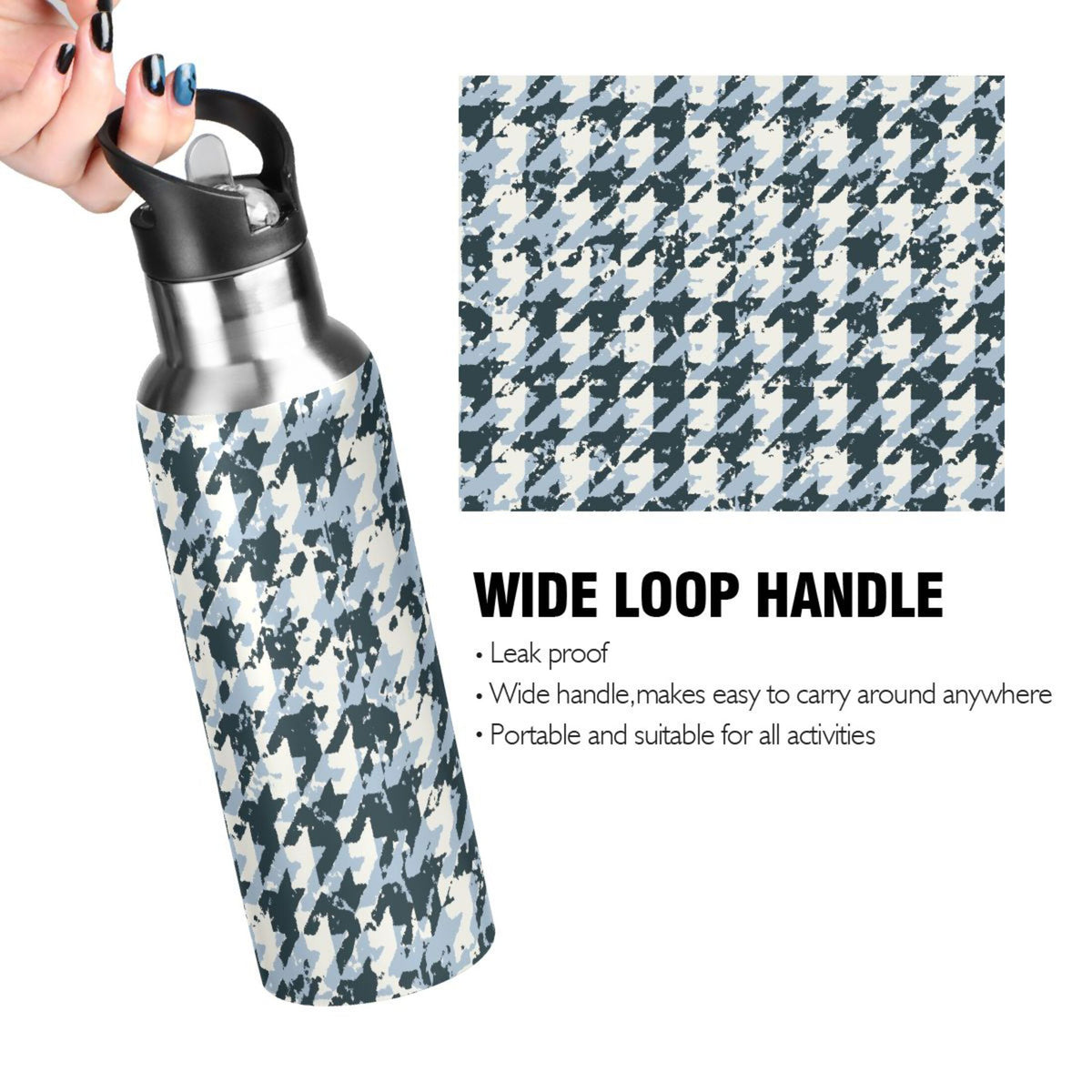 Blue Black Houndstooth Stainless Steel Insulated Water Bottle B89688