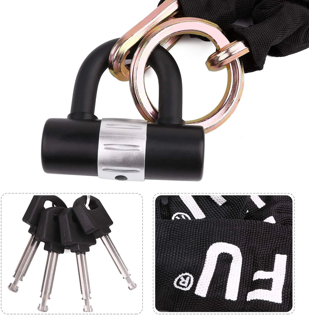 Heavy Duty 4ft Long Cut Proof 0.5 inch Thick Square Chains with 4 Keys 12mm U Lock A916725