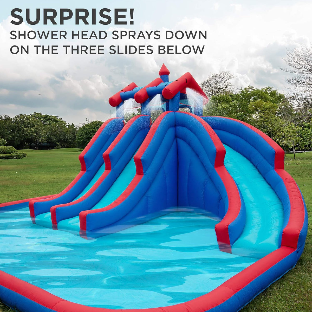 Mega Sport Inflatable Water Triple Slide Park with Climbing Wall, 3 Slides & Splash Pool F375