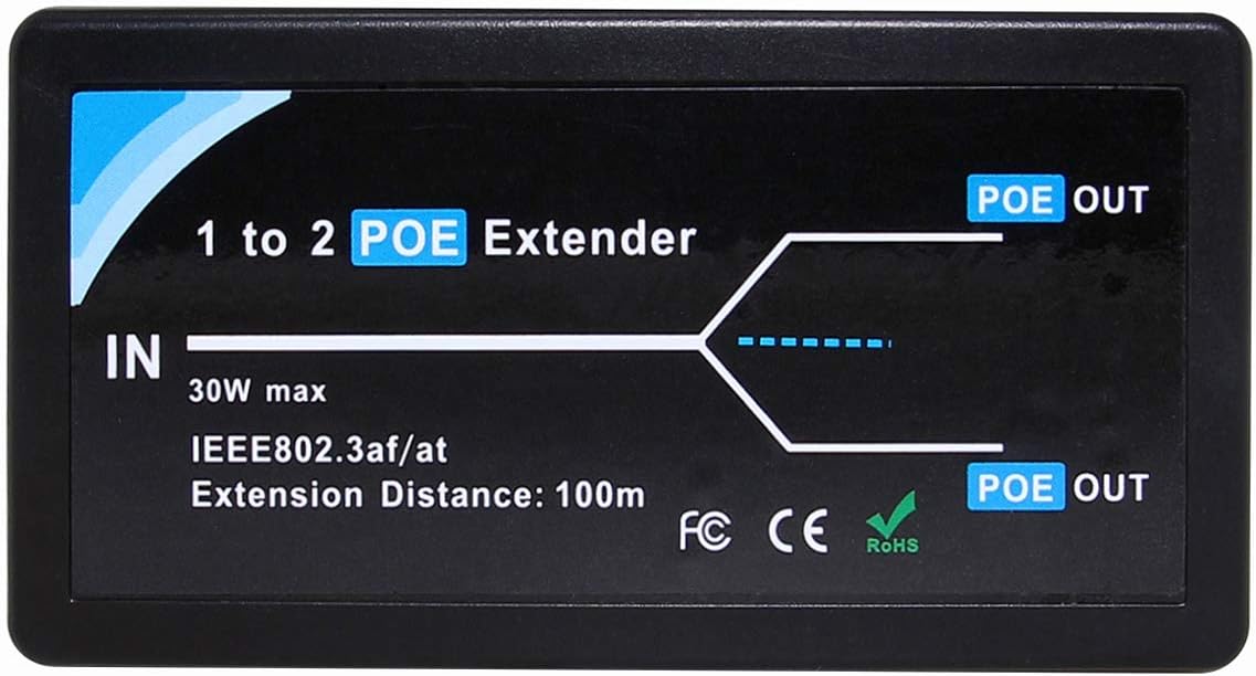 2 Port POE Extender Repeater 100 Meters 1 in 2 Out 10,100Mbps for Security POE Camera Over Cat5/Cat6 Cables A25893