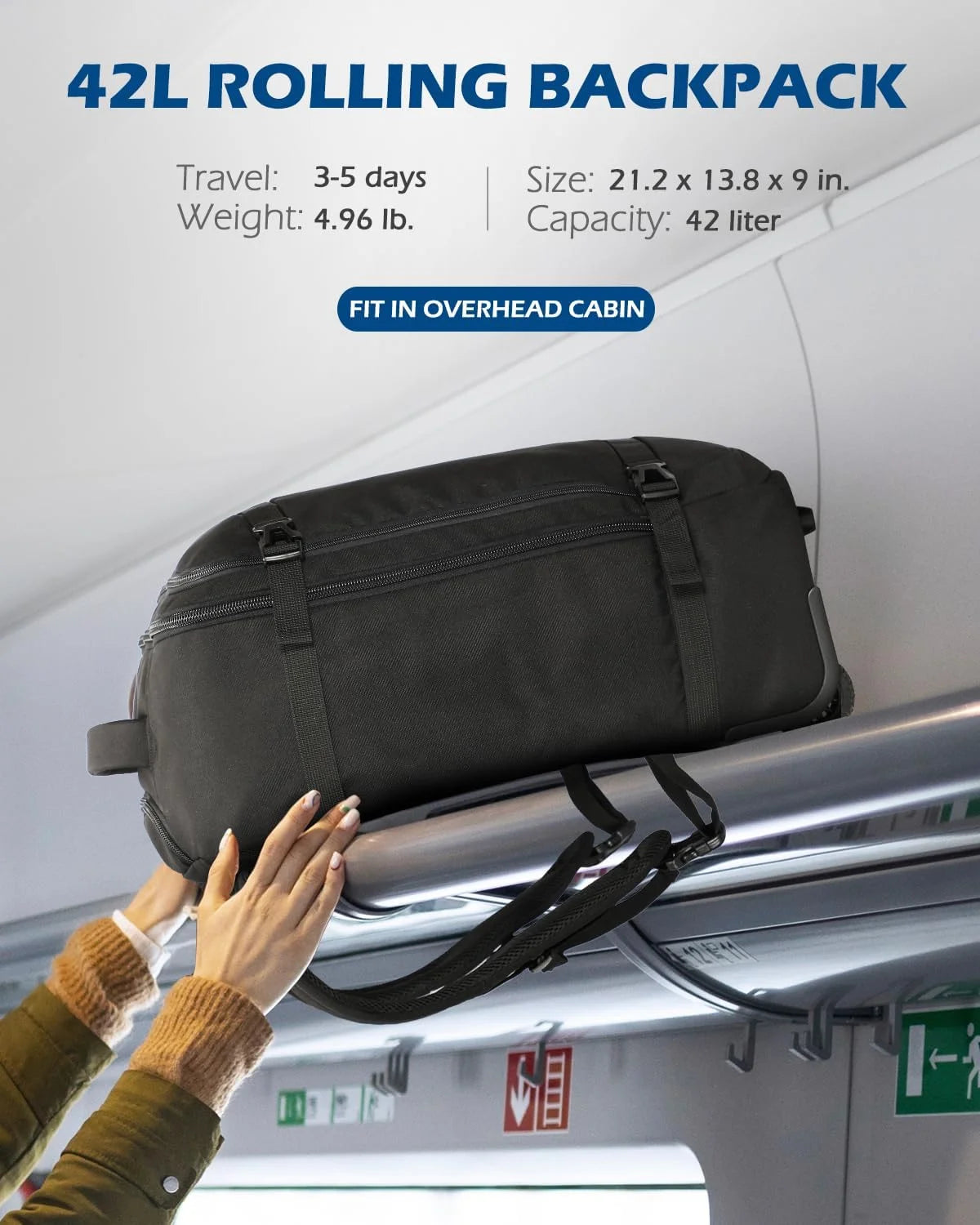 42L Trolley Backpack with 2 Wheels Softside Carry-on Luggage U5035