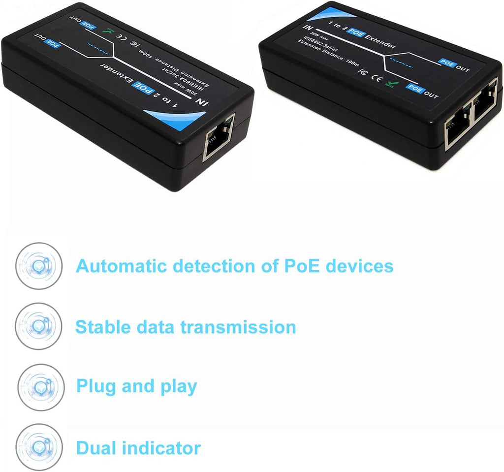 2 Port POE Extender Repeater 100 Meters 1 in 2 Out 10,100Mbps for Security POE Camera Over Cat5/Cat6 Cables A25893