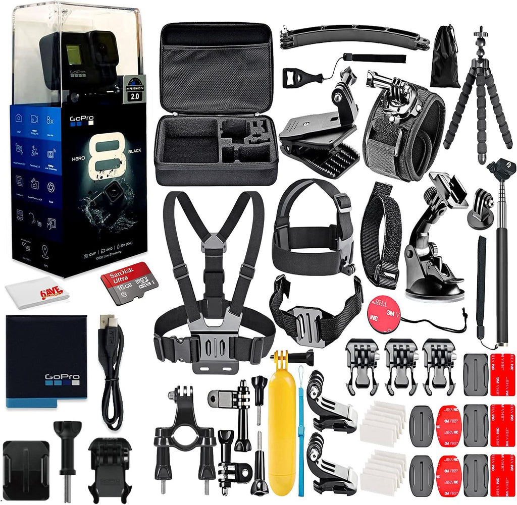 HERO8 Black Digital Action Camera - Waterproof, Touch Screen, 4K UHD Video, 12MP Photos, Stabilization - 16GB Card - with 50 Piece Accessory Kit P41967
