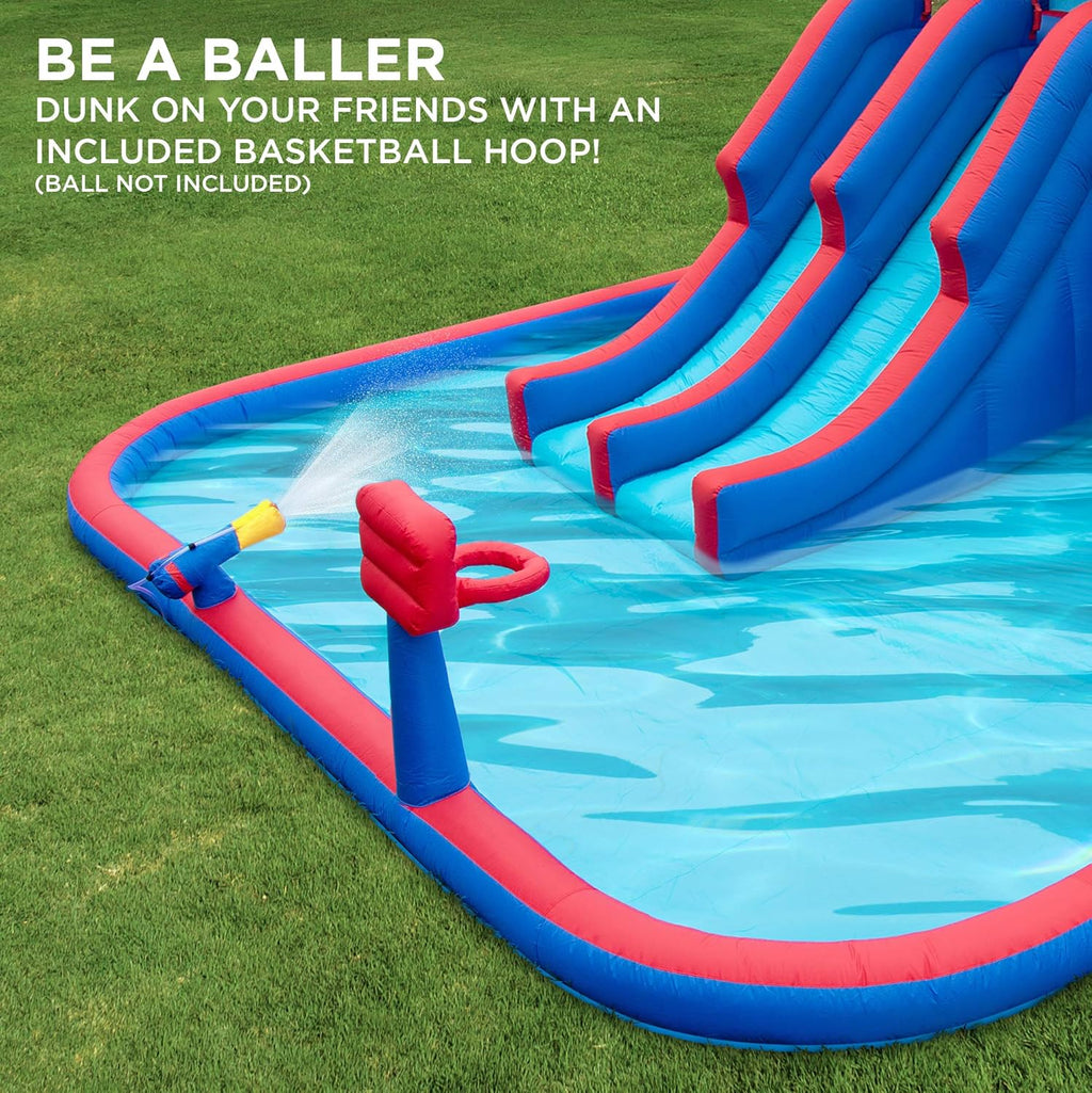 Mega Sport Inflatable Water Triple Slide Park with Climbing Wall, 3 Slides & Splash Pool F375