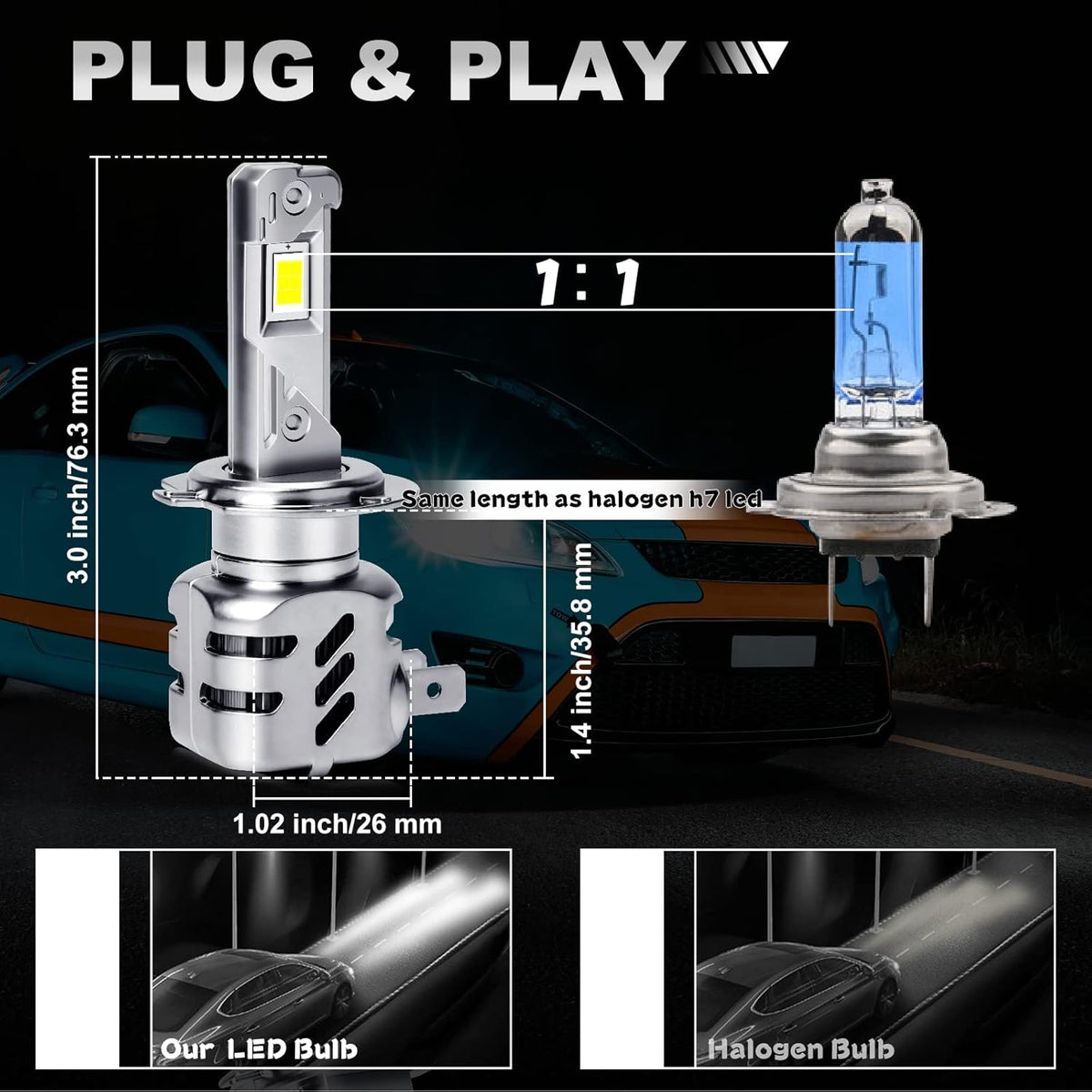 6000K Cool White H7 LED Headlight Bulbs Pack of 2 U2731