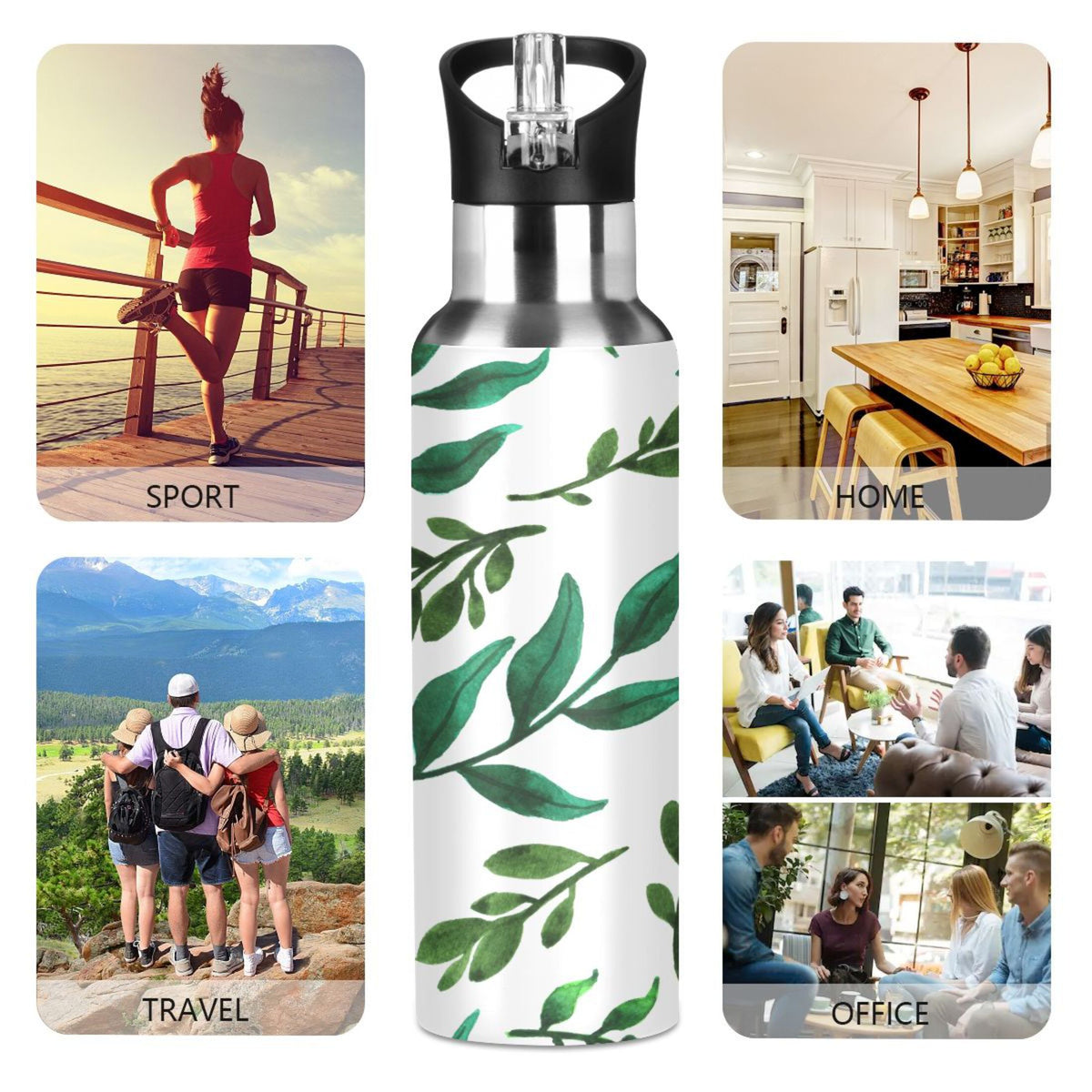 Leaf Green Stainless Steel Insulated Water Bottle with Straw Lid P191544