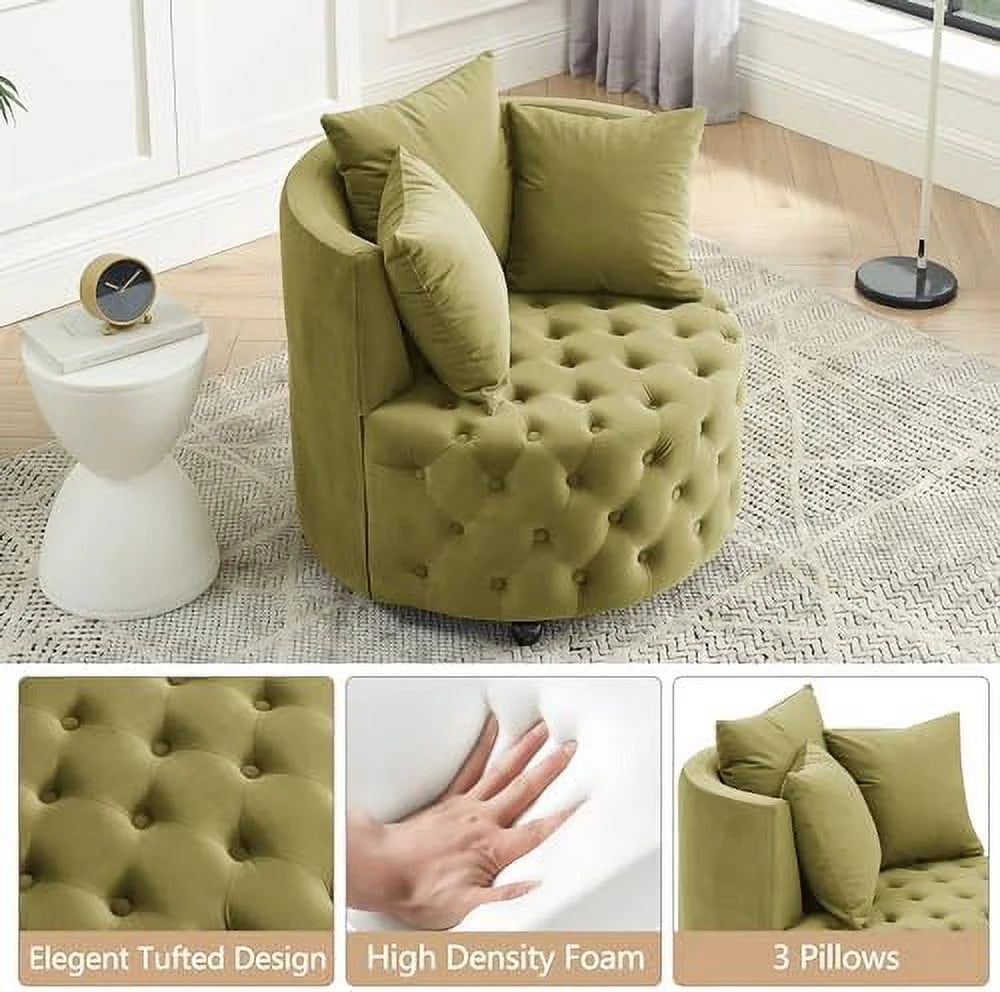 Pink Velvet Swivel Barrel Chair with 3 Pillows and Wheels Q146