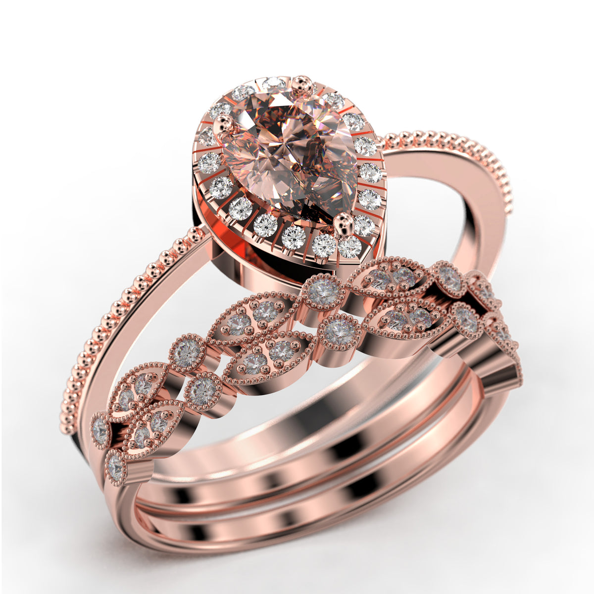 Vintage Pear Cut Morganite And Diamond Moissanite Engagement Ring Set in 925 Sterling Silver With 18k White Gold Plating J84270