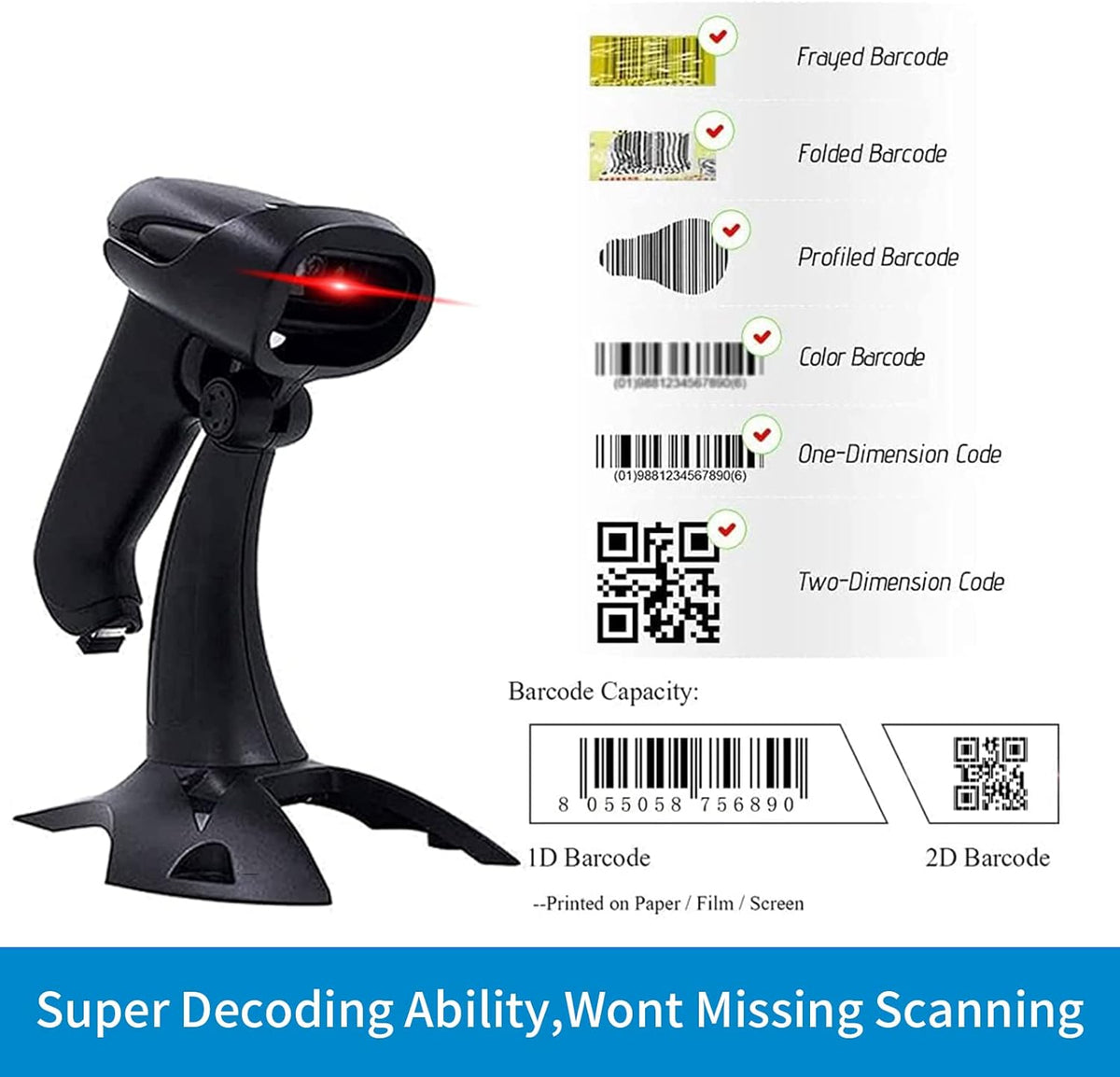 2 Pack Wireless 2D Barcode Scanner with Stand, USB Wired Handheld Bar Code Reader K18181