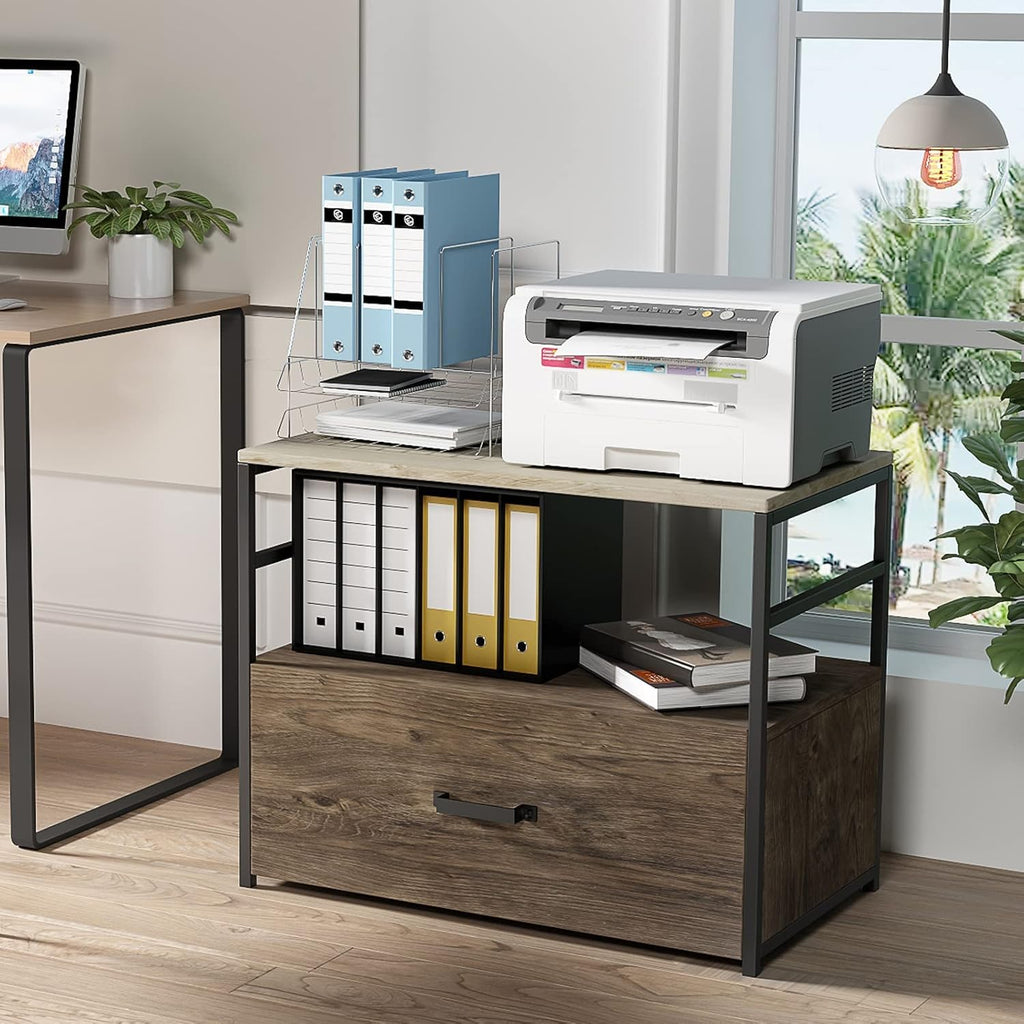 Wooden Lateral File Cabinet with Drawer, Open Storage Shelves D7559