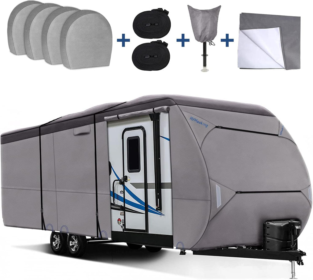 Upgraded Waterproof 500D Travel Trailer Cover with 4 Tire Covers, Tongue Jack Cover D55170
