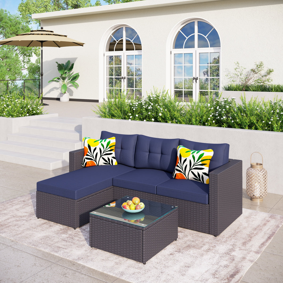 Blue 5-Piece Rattan Patio Sectional Sofa Set with Coffee Table I114833