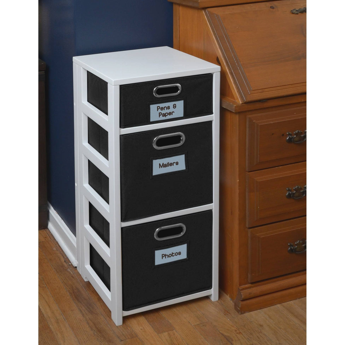 White/Black Folding Bookcase with Fabric Bins P7931