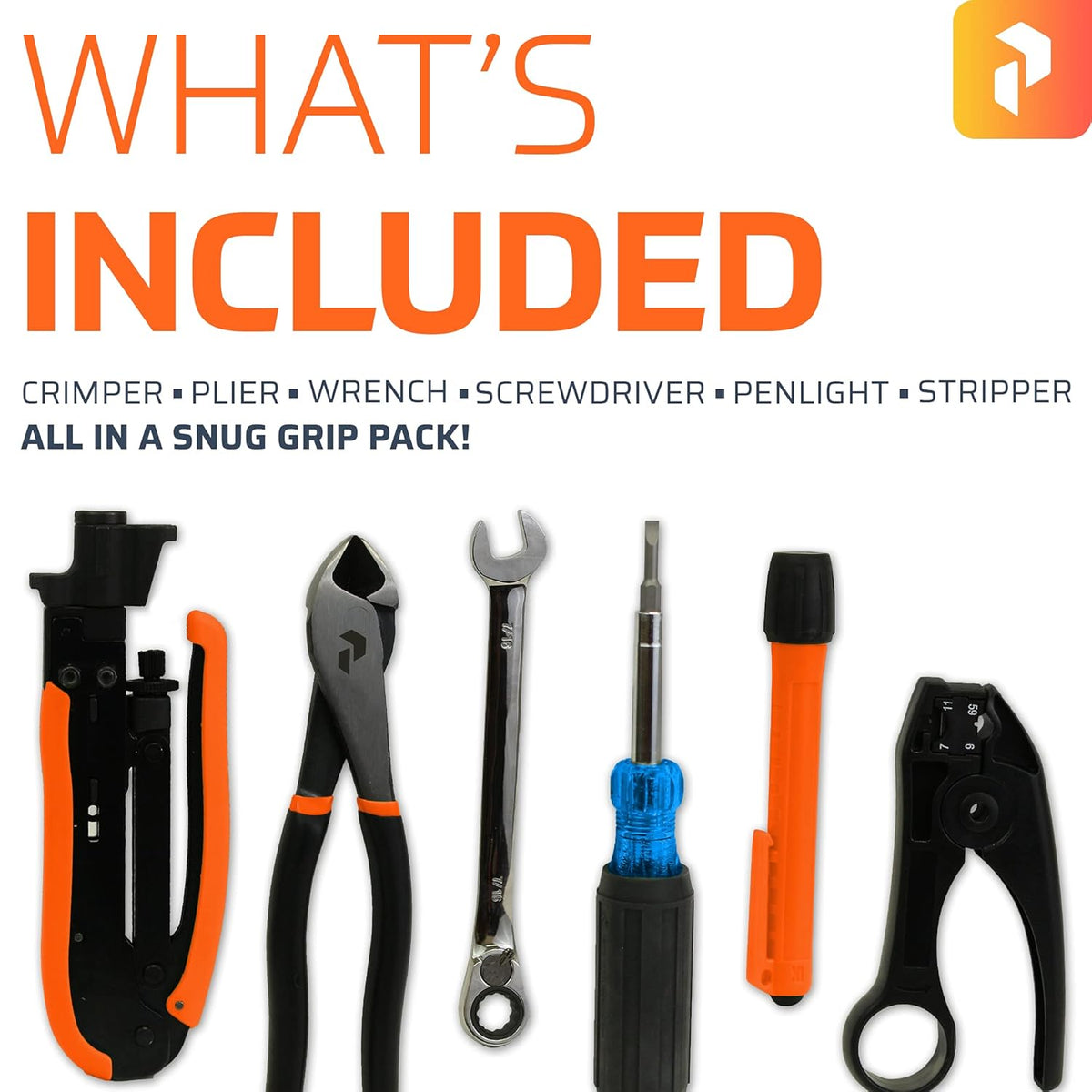Coax Tool Kit with Crimper, Cable Stripper, Flashlight, Multi-Tool, Pliers, Wrench, Grip Pack O8055