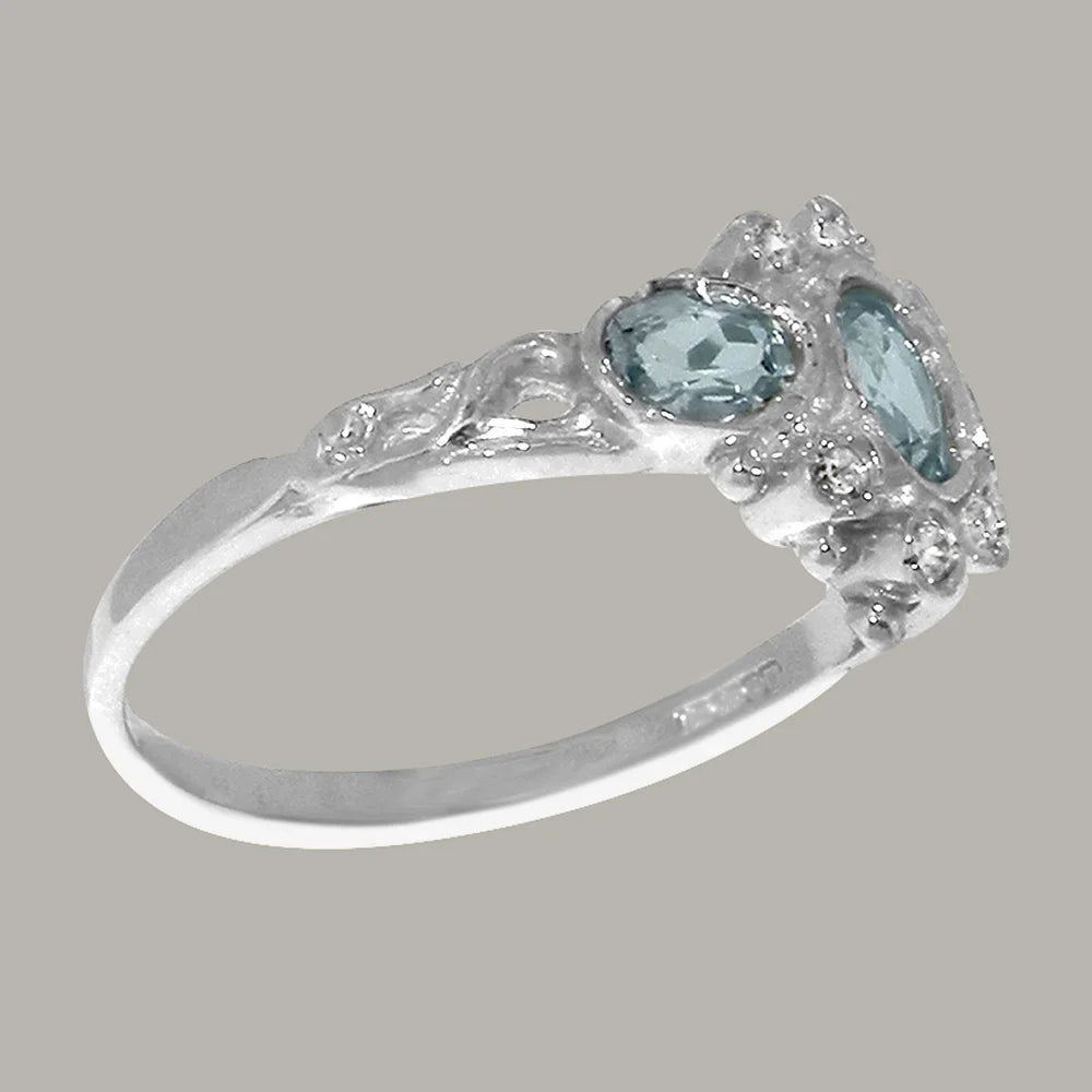 14k White Gold Genuine Natural Aquamarine & Diamond Ring N745