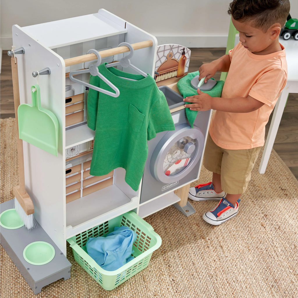 Wooden 2-in-1 Kitchen & Laundry Play Set with 10 Accessories M536