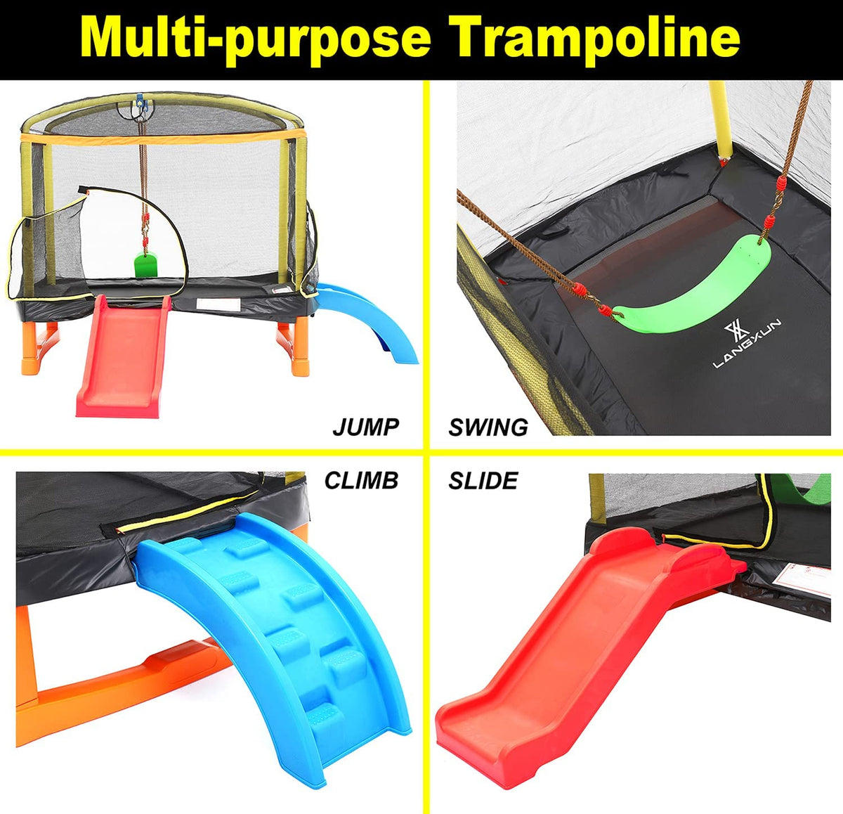 6.5ft 4-in-1 Mini Rectangular Trampoline with Safety Net Enclosure, Padding, Zipper R74002